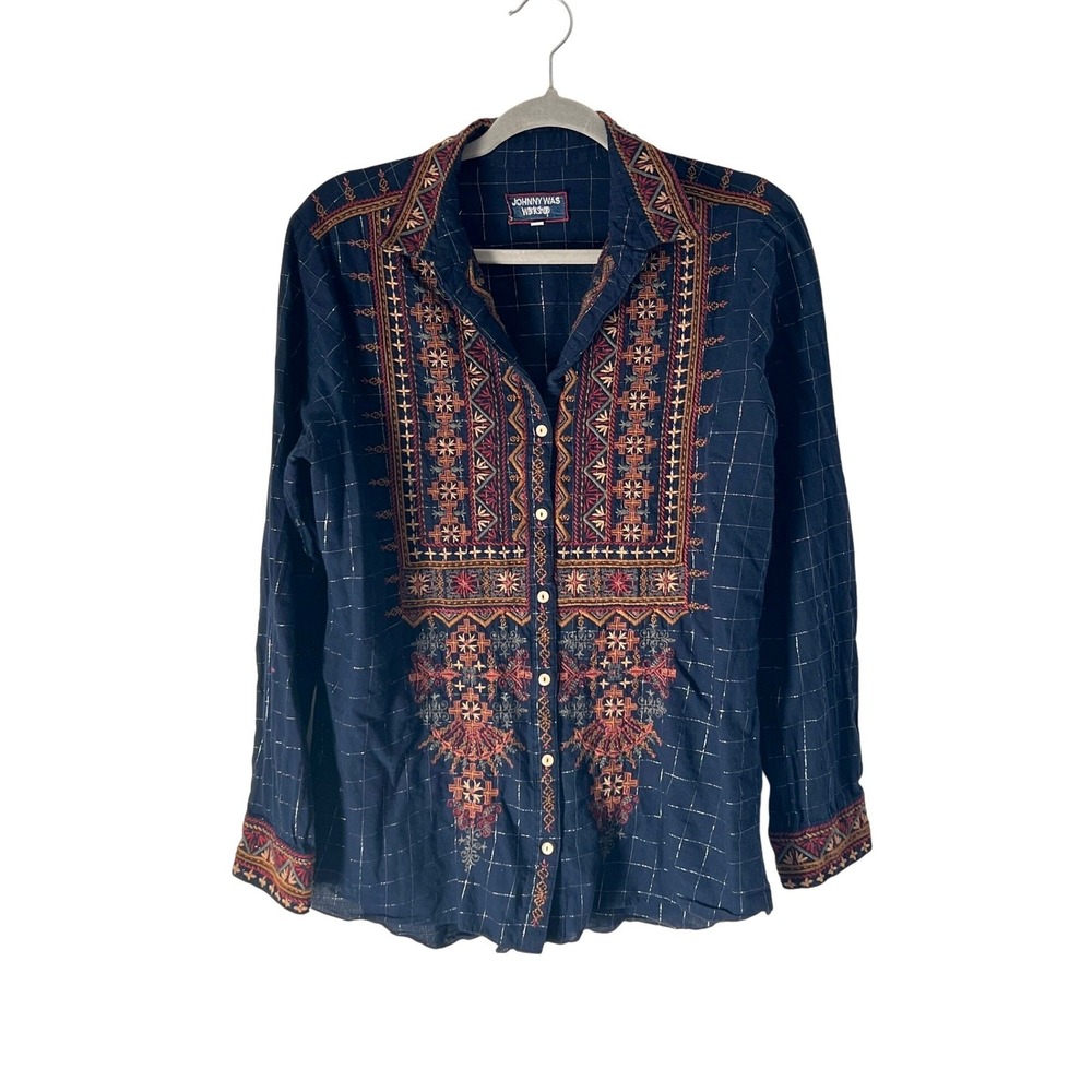 Johnny Was Embroidered Button Up Blouse Shirt Dark Blue Fall Boho Cotton Blend M - Picture 2 of 10